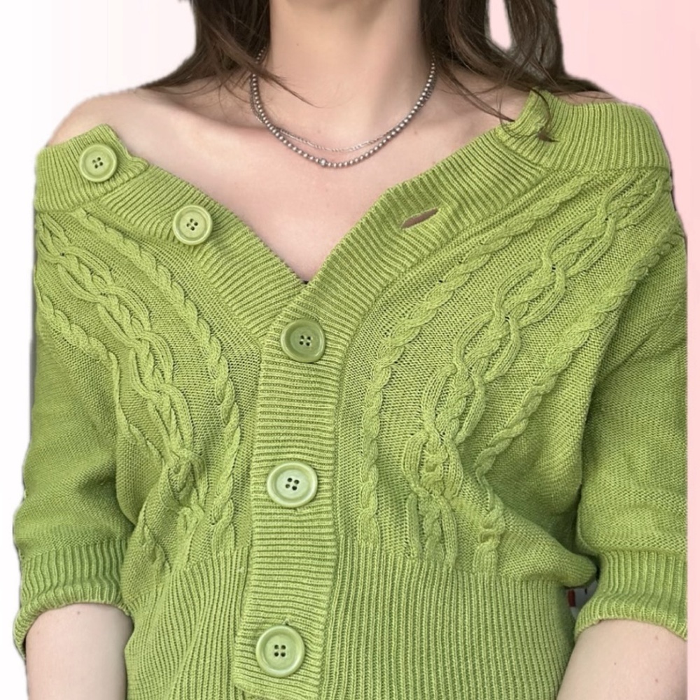 Green Cable-Knit Button Front Women's Sweater Cardigan